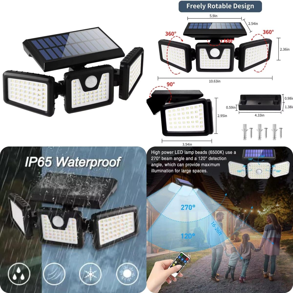 Projecteur Solaire LED à 3 Têtes avec Détecteur de Mouvement & Télécommande