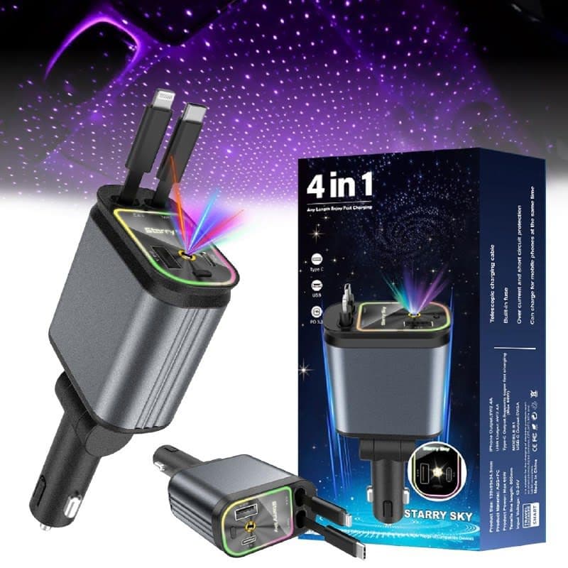Chargeur Allume-Cigare 4-en-1 avec Projection Ciel Étoilé